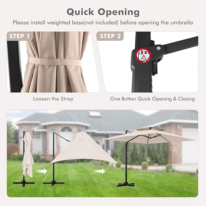 Tangkula 9.5 FT Cantilever Patio Umbrella, Outdoor Square Offset Umbrella with 360° Rotation, Double Top Heavy Duty Patio Hanging Umbrella with Cross Base for Garden Deck Pool Backyard (Beige)