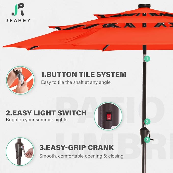 JEAREY 3 Tiers Patio Umbrella with Solar Lights 9ft Outdoor Market Table Umbrellas with Push Button Tilt for Outside Pool Garden, Orange
