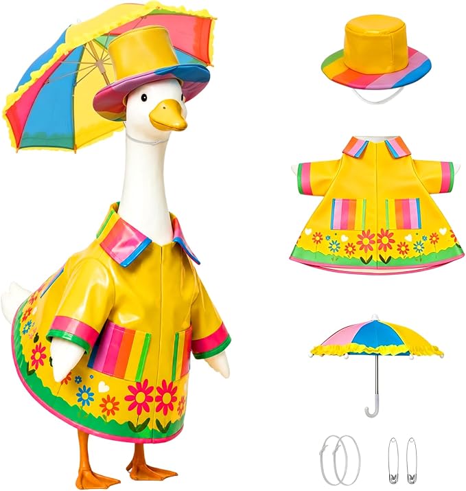 Porch Goose Raincoat Outfits, Summer Spring Lawn Yard Goose Statue Clothes Costume for 23" Lawn Outdoor Garden Yard Patio Geese Statue Decoration with Raincoat Umbrella Hat (Yellow raincoat)