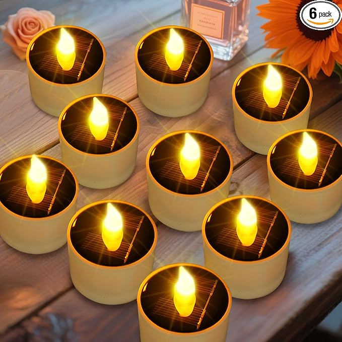 ANGMLN 10pcs Solar Tea Lights Outdoor Waterproof, Flameless Flicker LED Solar Candles with Dusk to Dawn Sensor, Reuseable Tea Light Candles for Lantern Garden Camping Party Home Decor,2.3''x2.1''