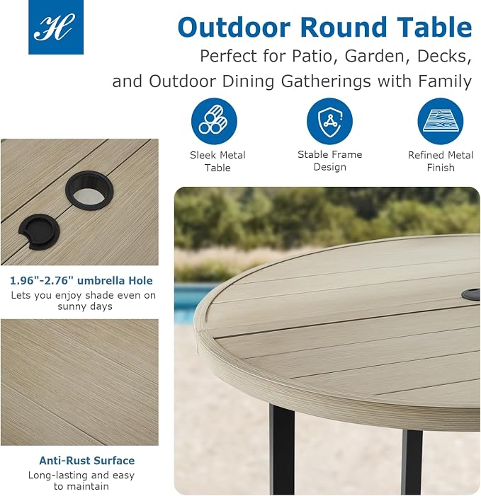 5 Piece Patio Dining Set for 4, 42” Honey Oak Round Table with Umbrella Hole and 4 Beige Blue Patio Stackable Chairs, Patio Table and Chairs for Backyard, Lawn, Deck & Garden