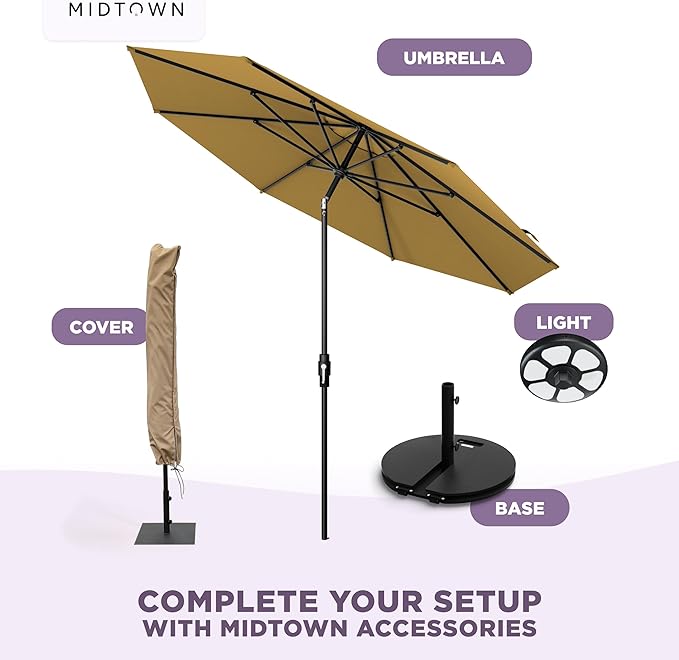 Midtown Umbrellas – The Swilt 10 Ft Patio Umbrellas with 360° Swivel & Tilt Mechanism, 8 Fiberglass Ribs & Terylast Polyester Fabric for Backyard, Deck, Pool & Cafes - Sand Canopy, Black Pole