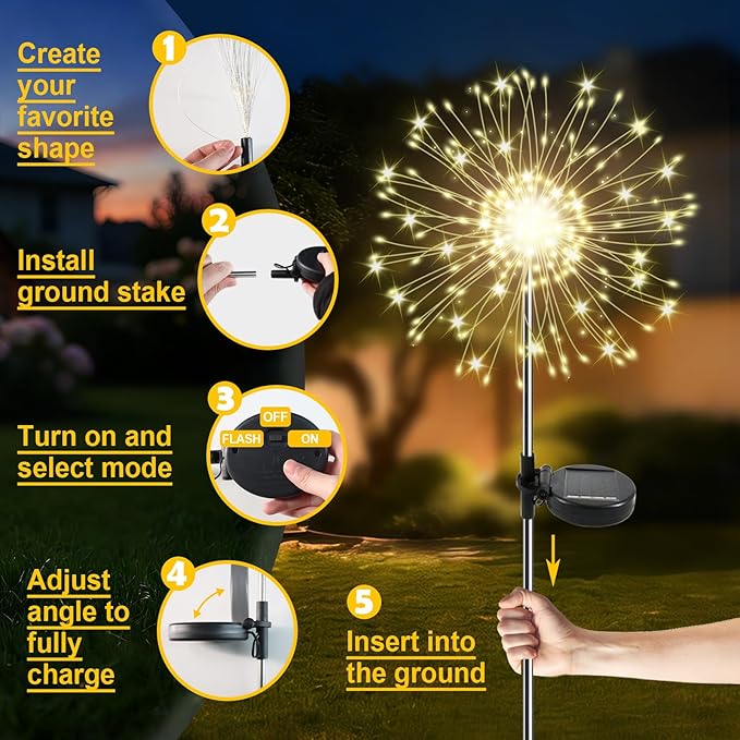 Solar Garden Lights Outdoor, 2 Pack 120 LED Twinkling Firework Lights Decorative with 2 Modes, Outdoor Waterproof Solar Starburst Light for Yard Pathway Planter Patio Decor, Warm White