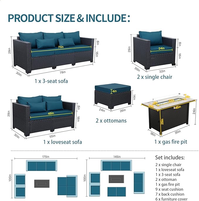 Patio Furniture Set 45-Inch Outdoor Fire Pits 7 PCS Outdoor Furniture Sets Patio Couch Outdoor Chairs 60000BTU Outdoor Propane Fire Pit Table No-Slip Cushions and Waterproof Covers, Peacock Blue