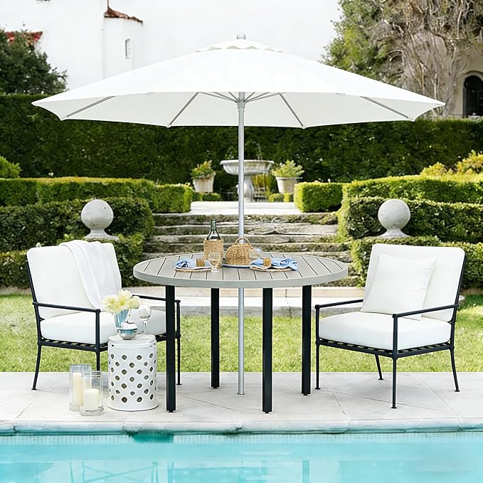 All-Weather 47" Round Outdoor Patio Table for 6, Metal Ivory Dining Table with Adjustable Umbrella Hole, Garden, Backyard & Deck Bistro Table