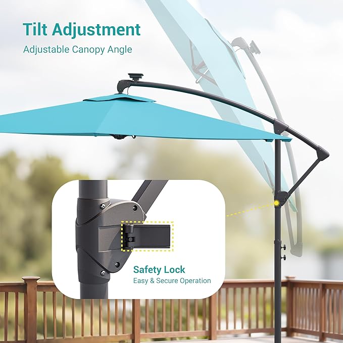 10ft Offset Patio Umbrella with Solar Light Strips,Outdoor Cantilever Hanging Umbrella with Cross Base, Fade Resistant Recycled Fabric, for Pool, Deck, Garden,Backyard,
