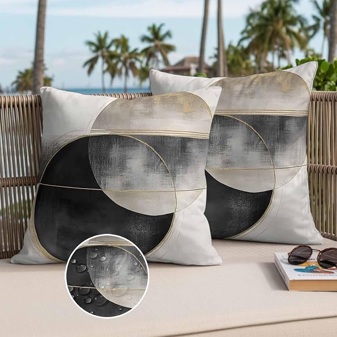 Abstract Art Outdoor Waterproof Throw Pillow Covers Set of 2, 24"x24", Mottled Geometric Moon Black Gold Circle Striped Decorative Pillow Covers Outside Cushion Case for Patio Porch Garden
