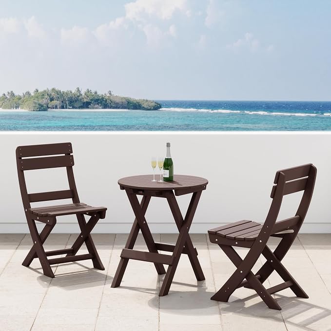 Costaelm Outdoor Bistro Table and Chairs Set of 2, Round Portable Folding Bar Height Barstool Set of 3, Tall Balcony Pub High Top Table 3 piece Patio Set for Deck, Backyard, Garden, Dark Brown