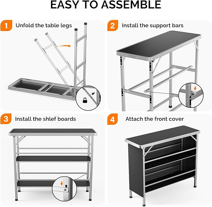VINGLI 43" Portable Bar Table, 3-Tier Shelves, Carry Bag，Mobile Bar Table for Events, Party, Camping, Picnic, Tradeshow, Outdoor & Indoor with Black Skirt(2, 43") (2) (Black-1P, 43")