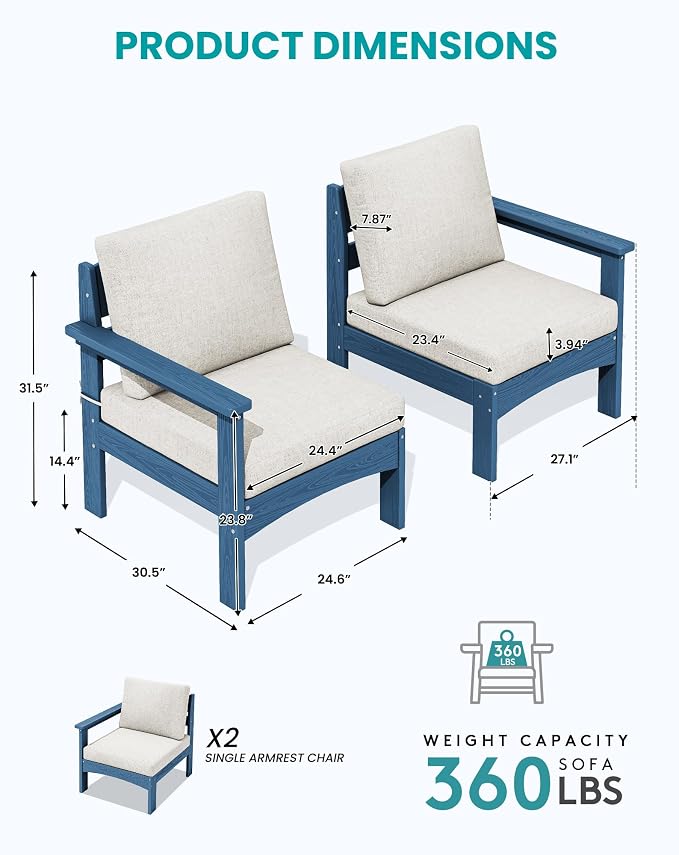 SERWALL HDPE Patio Loveseat Sofa, 2 Pieces Single Sofa, Weather-Resistant Outdoor Furniture Chair with Thick Removable Cushion, Balcony, Garden, Backyard, Poolside, Blue Frame with Khaki Cushion