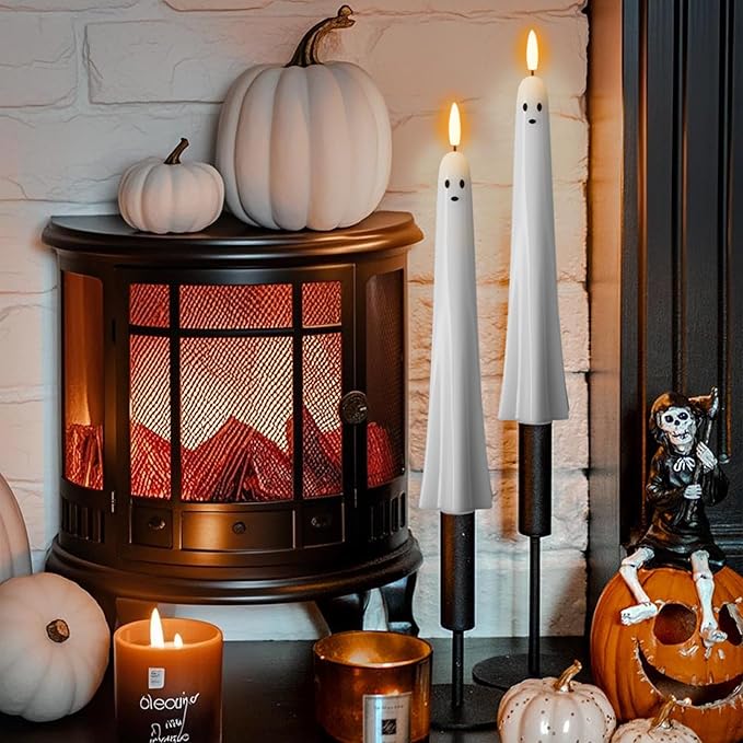 Halloween Ghost Flameless Taper Candles Battery Operated with Remote and Timer Real Wax 3D Wick Flickering White LED Taper Candlesticks Spooky Halloween Indoor Decor(2 Pack, 0.79"D x 9.5"H)
