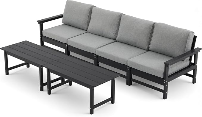 HDPE Outdoor Patio Furniture Set, 6-Piece Sofa Set with 4-Seat Couch 2 Coffee Tables, Weatherproof Conversation Set with Cushions, All-Weather Waterproof, for Garden, Porch & Backyard