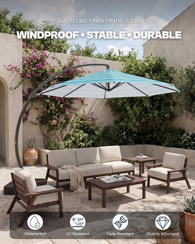 11 FT Cantilever Umbrella with Base Included, Large Round 360° Rotation Offset Umbrella Outdoor Patio, Heavy Duty Aluminum Frame, Sand-Weighted Stand, for Deck, Backyard, Pool, Garden (Blue and green stripes)