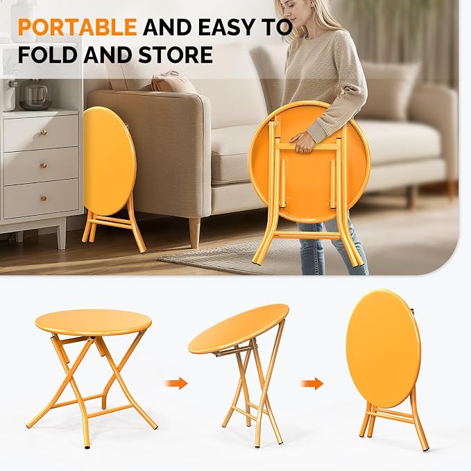 VINGLI Patio Metal Folding Side Table, Portable Small Outdoor Folding Round Table, Perfect for Indoor and Outdoor Spaces Like Balconies, Backyards, Porches, and Patios.Yellow（1 Pack）