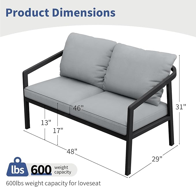 Patio Conversation Sets Outdoor Loveseat Sofa, Aluminum Patio Sofa Chairs with Washable Thick Cushions, Modern All-Weather Patio Furniture Sets for Garden, Backyard, Porch (Black+Grey)