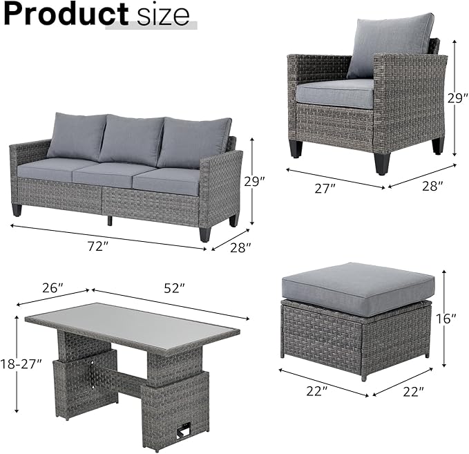 SUNSITT Outdoor Patio Furniture Set 6 Piece Wicker Conversation Set with Lift Coffee Table Sectional Dining Set 3 Seat Sofa Couch with Ottoman, Grey Wicker & Grey Cushion