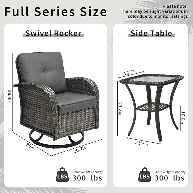 3 Piece Outdoor Swivel Rocker Patio Chairs, All-Weather Rattan Chair, Wicker Glider Patio Furniture Set with Side Table, for Garden, Backyard, Deck, Gray Rattan & Gray Cushions