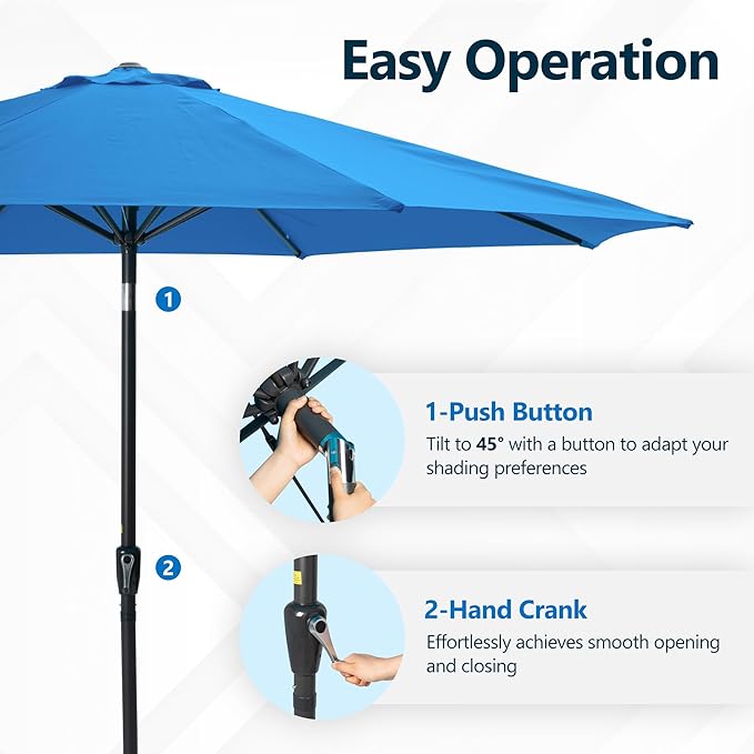 Kiss the Water Outdoor Patio Umbrella, Patio Umbrella with Push Button Tilt/Crank, Outdoor Umbrella with 8 Sturdy Ribs, Large Umbrella for Backyard, Pool, Deck, Market