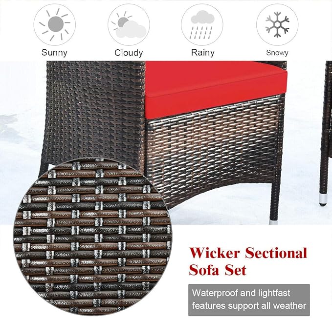 HAPPYGRILL 4PCS Patio Furniture Set Outdoor Rattan Wicker Conversation Set with Cushioned Sofa and Coffee Table for Porch Backyard Garden Poolside