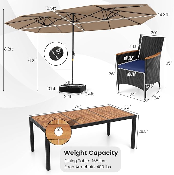 Tangkula 11 Pieces Patio Dining Set with Double-Sided Led Patio Umbrella (Base Included), with 8 Stackable Chairs, Acacia Wood Dining Table and Large Umbrella with Solar Lights (Coffee + Navy)