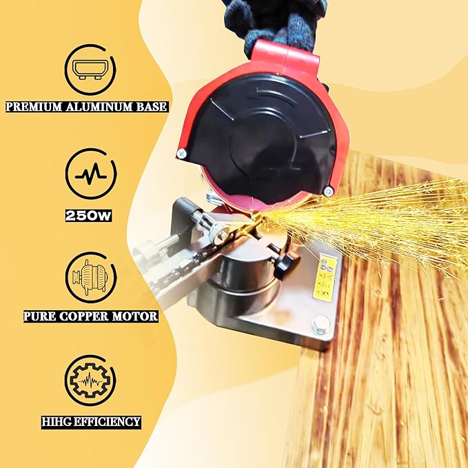 Electric Chainsaw Sharpener, 250W High-Speed Chain Grinder with Adjustable Angle, Heavy-Duty, Mountable, Red Sharpener for Chains from 1/4'' to 3/8'' Pitch