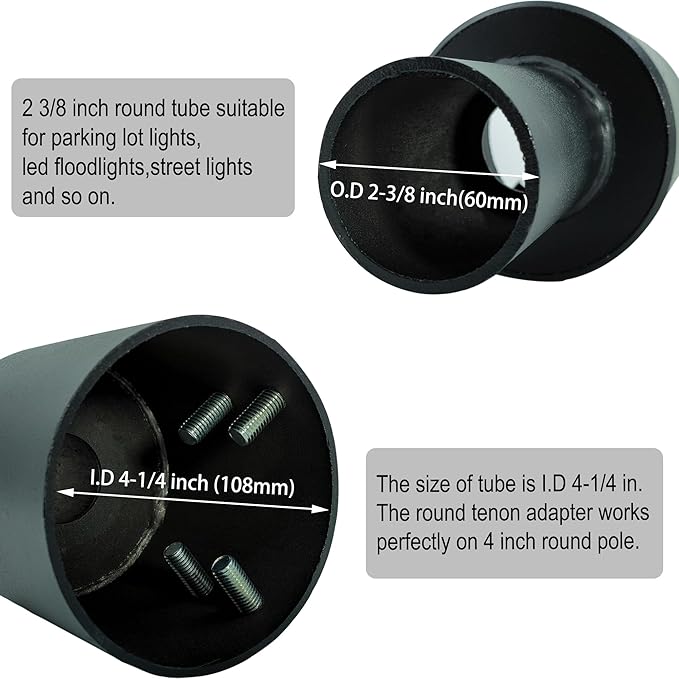 4 Inch Round Pole Tenon Adapter, Heavy Duty 2 3/8 Lights Pole Adapter for LED Parking Lot Light, Metal Black Slip Fitter Mounting Bracket Accessories for Street Light, Outdoor Lighting