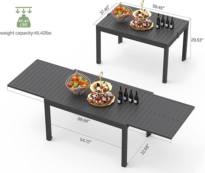 Domi 59" - 89" Expandable Patio Dining Table - Aluminum, Adjustable, Smooth-Sliding, Outdoor Furniture for 6-8 Person, Ideal for Backyard, Porch, Deck, Garden - Dark Brown,