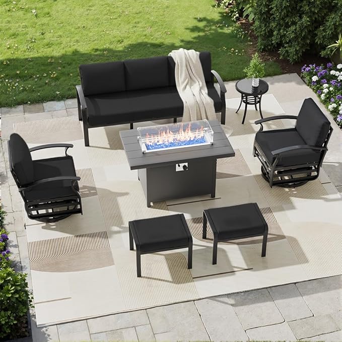 Aluminum Patio Furniture Set with Fire Pit Table, 7 Seats Outdoor Patio Conversation Sets with Swivel Chair Modern Metal Sectional Sofa with Upgrade Cushions for Patio, Backyard - Black