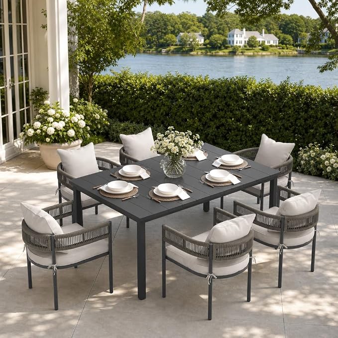 VICLLAX Patio Dining Set, 63" Black Table & 6 Chairs with Wheat Cushion | Outdoor Table and Chairs Set of Rectangular Metal Patio Table, Outdoor Dining Chairs with Metal Frame, Garden Deck Porch