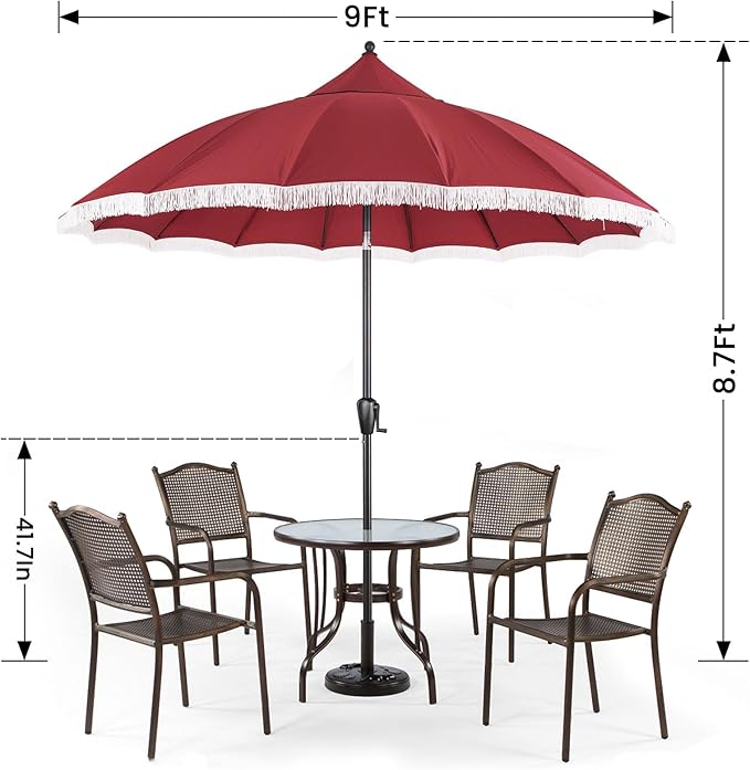 9' Patio Umbrella with Burgundy Canopy and White Fringe Accents, Black Frame Market Umbrella for Patio, Deck, and Backyard by Sun-Ray