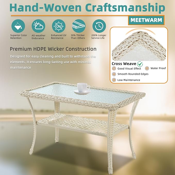MEETWARM Wicker Patio Coffee Table, 34.5" Rectangle Outdoor Coffee Table with Tempered Glass Top and 2-Tier Storage Shelf, All-Weather Rattan Patio Side Table for Outside Poolside Garden, Cream White