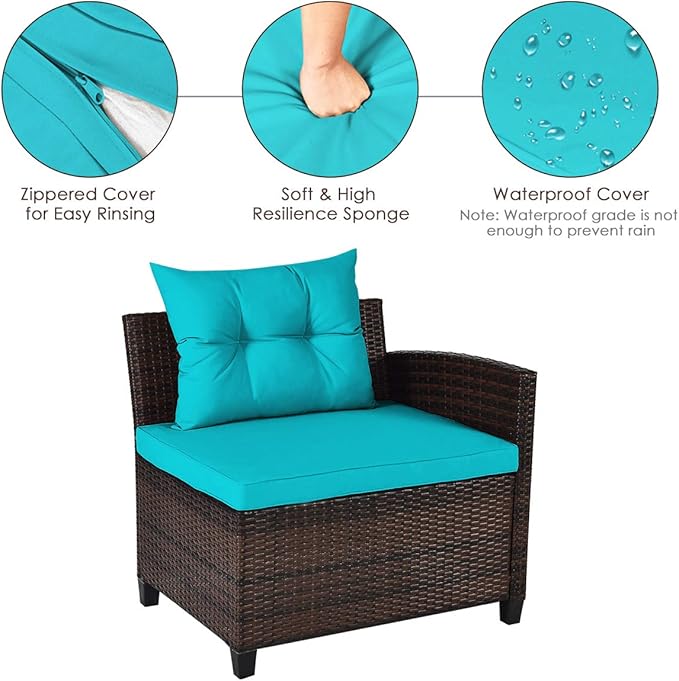 HAPPYGRILL 4 Pieces Patio Furniture Set Outdoor Rattan Wicker Conversation Set with Cushioned Sofas and Coffee Table, L-Shape Sectional Curved Sofa Set for Garden Poolside Balcony