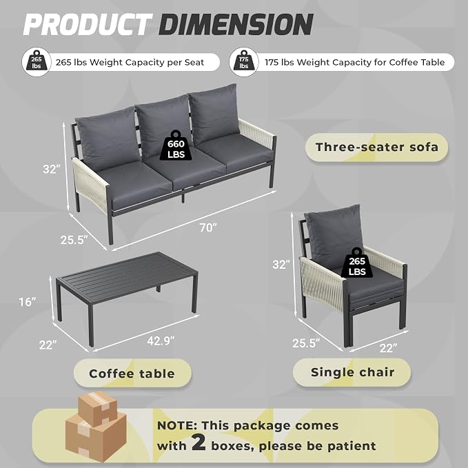 U-MAX Aluminum Patio Furniture Set 5 Seats Outdoor Sectional Couch with Coffee Central Table Patio Conversation Sets for Porch Deck (Dark Grey, with Retractable Single Sofa)