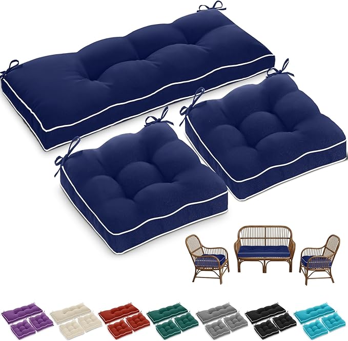 Wenqik 44 x 19 x 4 Inch Outdoor Bench Cushion Set of 3 Waterproof Tufted 1 Patio Loveseat Cushions and 2 Square Chair Seat Pad for Outdoor Furniture Couch Swing Sofa Wicker Settee(Navy Blue)