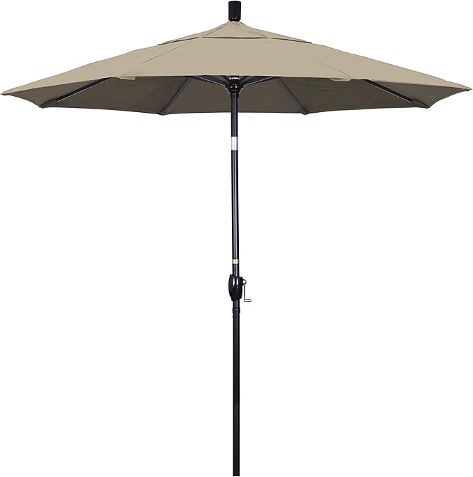 California Umbrella 7.5' Round Aluminum Market Umbrella, Crank Lift, Push Button Tilt, Black Pole, Sunbrella Taupe