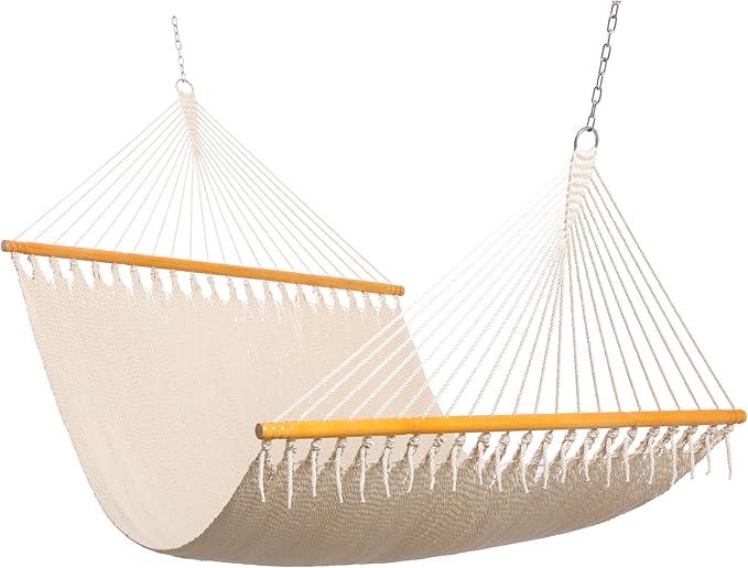Double Hammock with Hand Tightly Woven Rope Net, Solid Spreader Bars, 12FT for 2 Persons, Caribbean Type, All Weather for Outdoor, Coastal Relaxtion, 450LBS Capacity, Warm Oatmeal