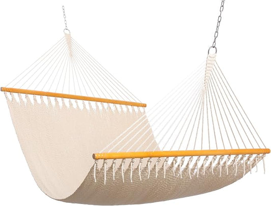 SANIWERKE® Double Caribbean Hammock 79" x 55" Woven Bed, 12 FT Long with Solid Spreader Bars, Hand Tightly Woven Rope Net, All Weather Outdoor Hammock for 2 Persons, 450 LBS Capacity, Warm Oatmeal