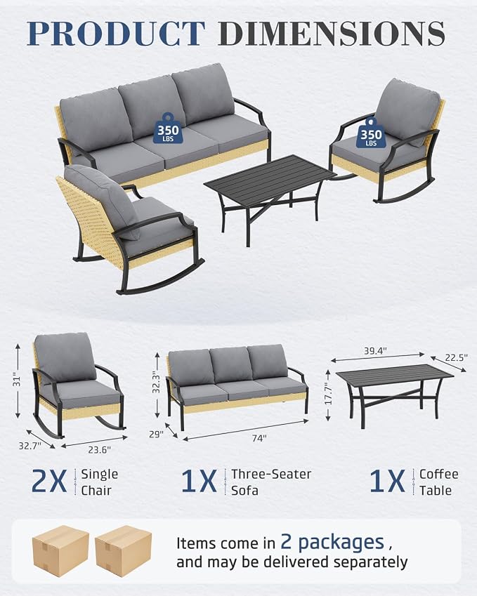 AECOJOY Patio Furniture Set, 4 Piece Rattan Conversation Set, Dark Gray | 3mm Rust-Resistant Steel, 5-Inch Cushions, 2 Rocking Chairs and Coffee Table for Porch, Garden, Lawn and Backyard