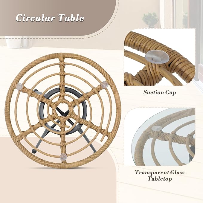 Athena Collection Patio Bistro Sets, 3 Piece All Weather Furniture Set Outdoor Conversation Set Glass Table and Rattan Chairs Set with Soft Cushions for Garden, Poolside, Backyard, Light Gray