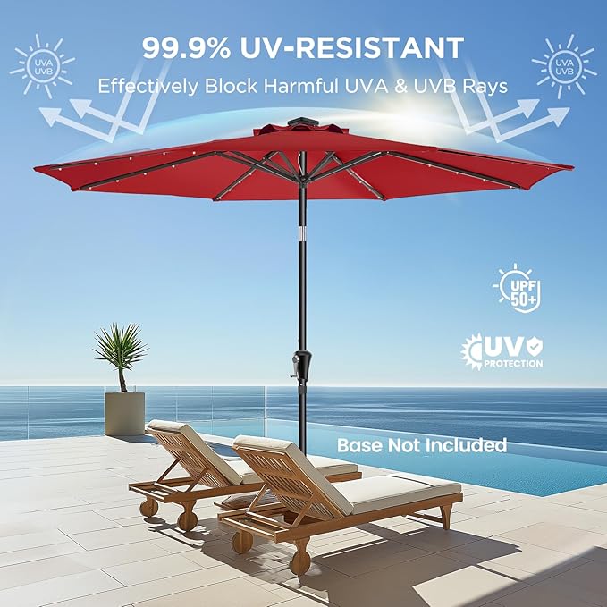 HOMSHADE 9ft Solar Patio Umbrella - Solar Lights LED Lighted Outdoor Market Table Umbrella, UPF50+ UV Protection with Push Button Tilt, Crank for Pool Deck and Garden (Burgundy Red)