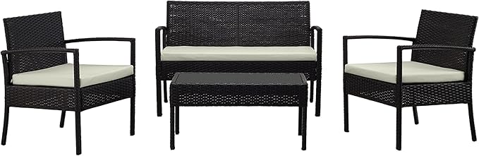 Manhattan Comfort Noli 4-Piece Patio Conversation Set, Outdoor Furniture Made of Steel Rattan | Includes 2 Modern Armchairs, Loveseat, Tempered Glass Coffee Table, Removable Waterproof Cushions, Cream