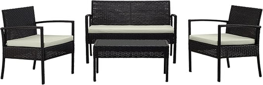 Manhattan Comfort Noli 4-Piece Patio Conversation Set, Outdoor Furniture Made of Steel Rattan | Includes 2 Modern Armchairs, Loveseat, Tempered Glass Coffee Table, Removable Waterproof Cushions, Cream
