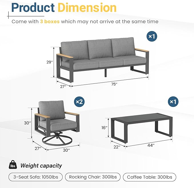 Wisteria Lane 5-Person Aluminum Patio Furniture Set with Swivel Chair, Metal Outdoor Furniture with Glass Coffee Table, Modern Patio Conversation Set for Pool Garden Porch Backyard, Grey