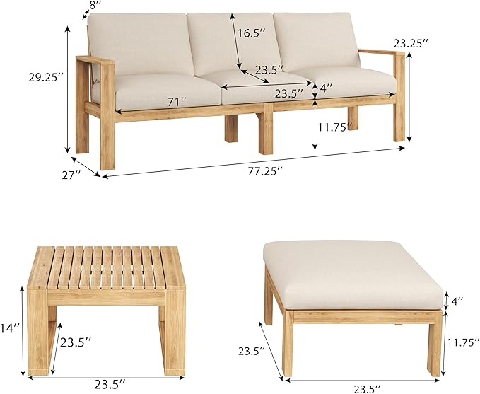 Christopher Knight Home Kayahs 3 Pieces Acacia Wood Furniture Set, Patio Conversation Sofa with Coffee Table and Ottoman, Outdoor 3-Seater Sofa Set for Backyard Balcony Gardern, Teak Finish+Beige