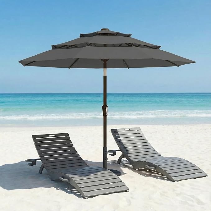 10ft Patio Umbrella, 3 Tier Outdoor Market Table Umbrellas with 8 Fiberglass Ribs and Push Button Tilt, Windproof, Vented Canopy, UV Protection for Deck, Pool, Backyard