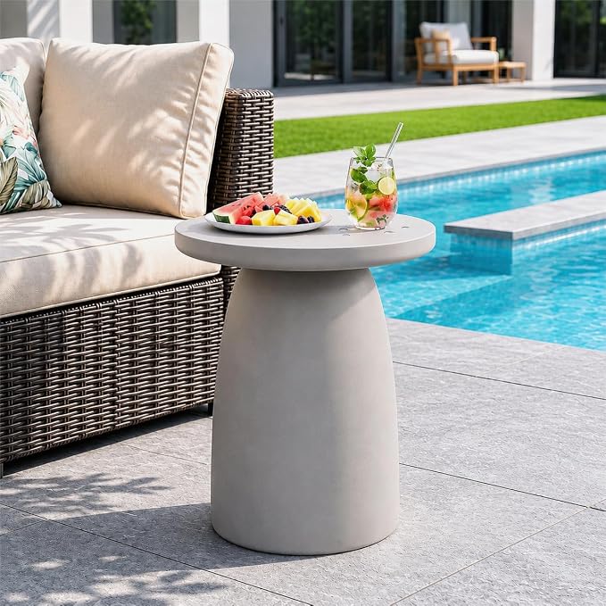 SUNBURY Outdoor Side Table, 22"H Large Concrete End Table Pebble Shaped, Lightweight Round Accent Table, Decorative Modern Coffee Table, Garden Planter Stand for Patio, Porch, Living Room Decor, Grey