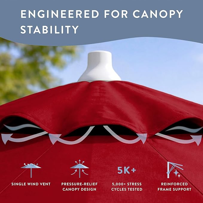 California Umbrella 8-Year Protection 7.5 Ft Outdoor Patio Umbrella, Solstice Fade-Resistant Fabric, Auto-Tilt, Heavy Duty Aluminum Frame, 8 Reinforced Ribs for Pool or Deck, White Pole, Red