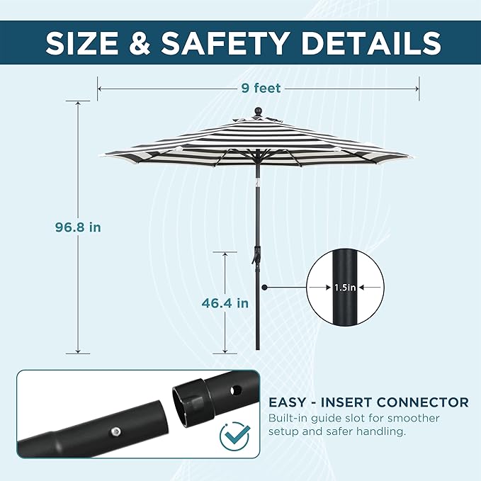 9FT Outdoor Patio Umbrella with Crank Lift & Auto Tilt - Market Umbrella, 8 Heavy-Duty Ribs, UV Resistant & Water-Repellent for Garden, Deck, Poolside & Backyard