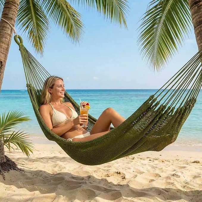 WjrnlfdHammock 79 * 59in550lbs 2Person Cotton Rope Outdoor Camping Hammock | 550lbs double hammock, handwoven cotton rope, breathable mesh, easy setup, perfect for backyard, camping & beach. 3 colors!