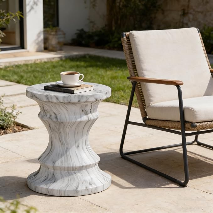 Stone Side Table,Round Faux Marble Side Table,Modern Small Stone End Table for Balcony (White-15.35"-5)